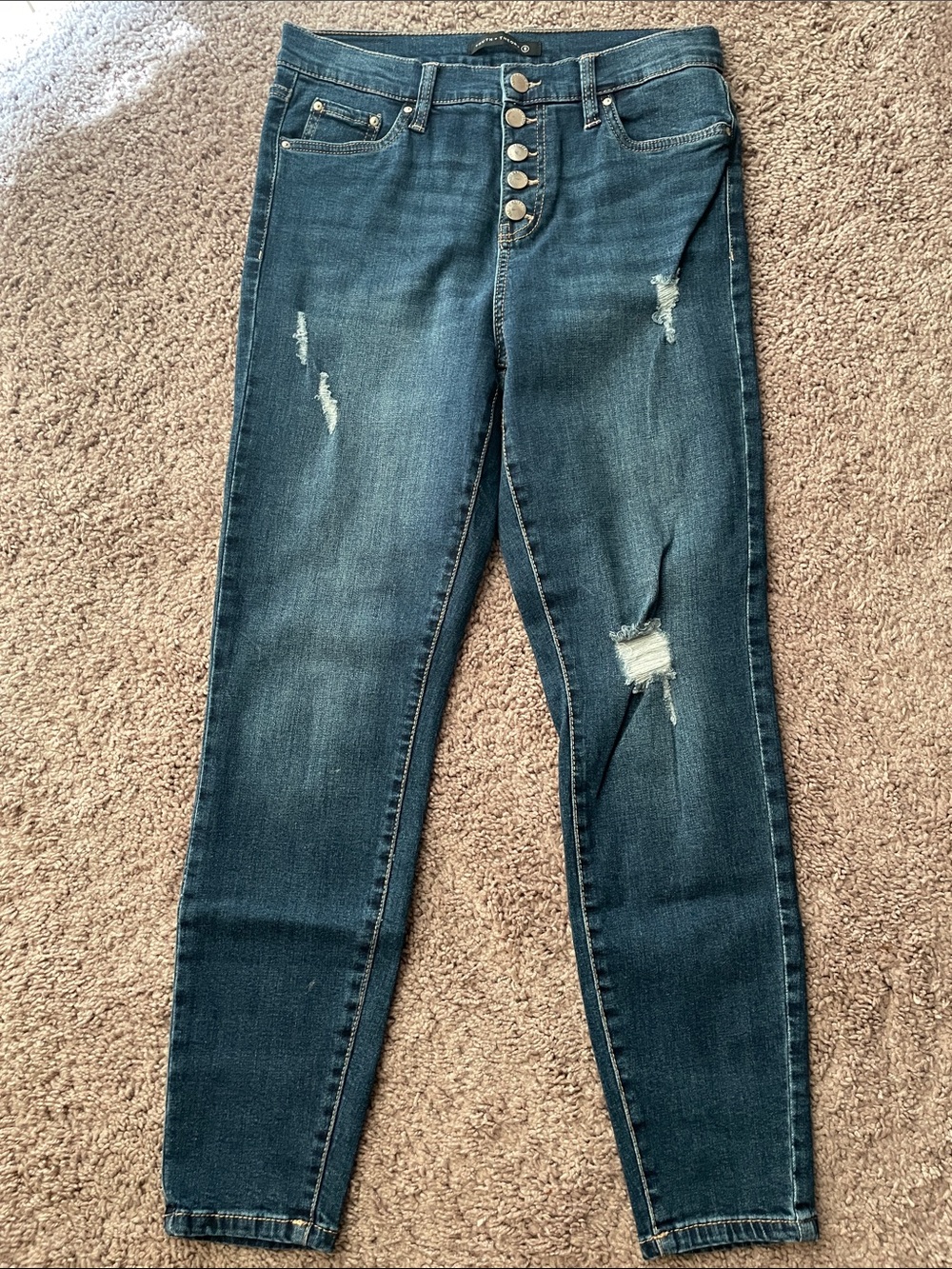 Button-Fly Dark Blue Distressed High-Rise Skinny Jeans